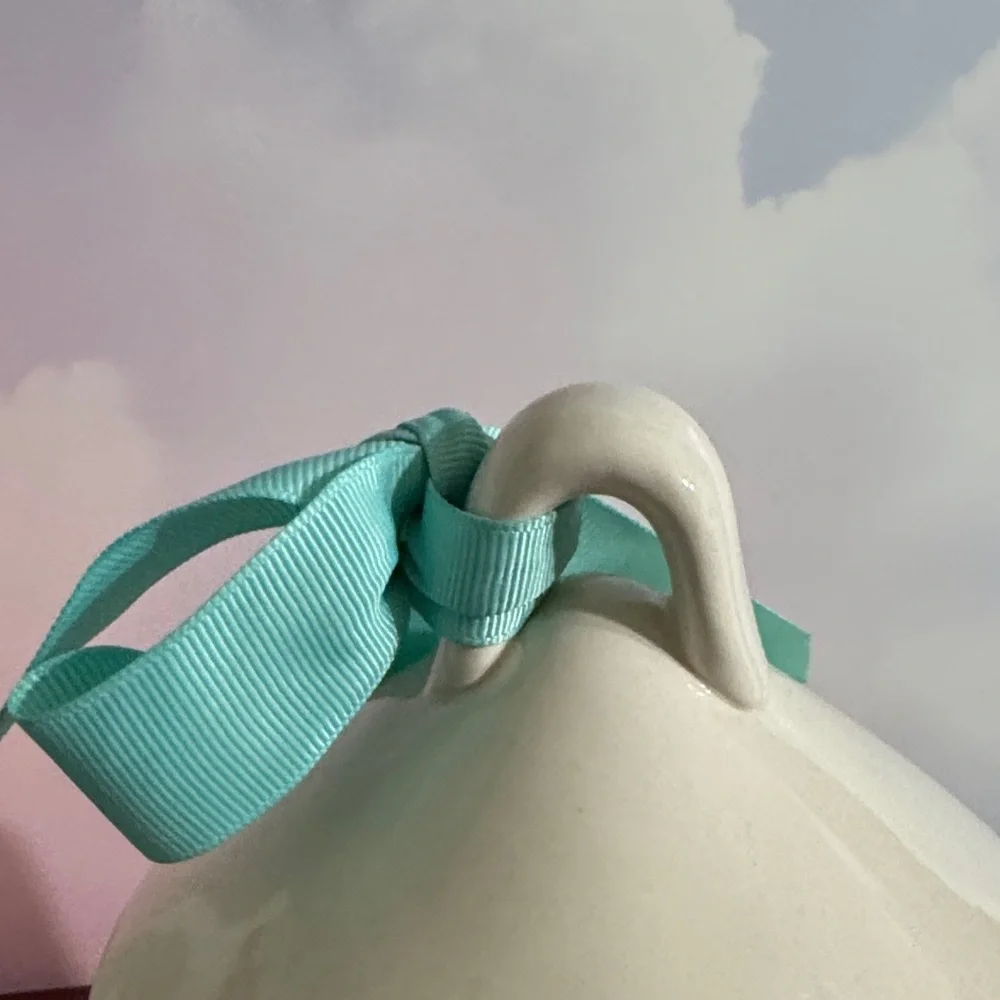 Rae Dunn artisan collection Chirp Ceramic Birdhouse with Teal Ribbon